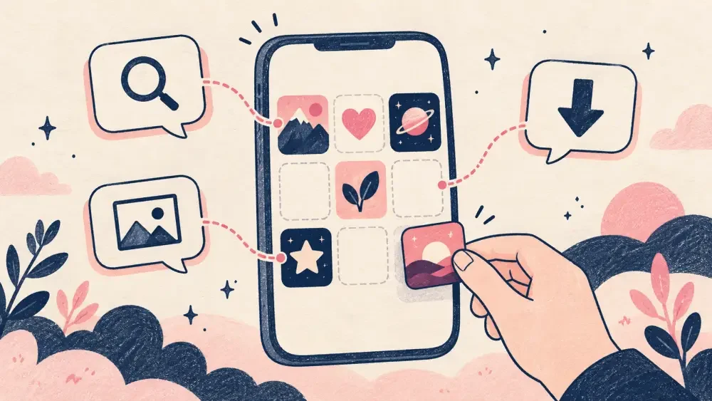 私を構成する9つのゲームのやり方を示すイラスト：スマホで3×3のマスを埋めていく様子